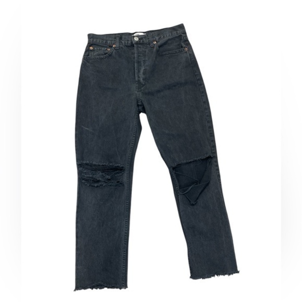 Re/Done Black Ankle Cropped Distressed Jeans
